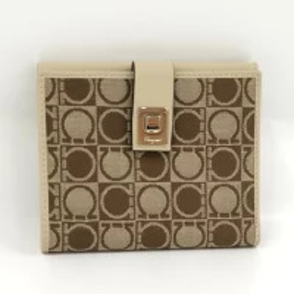 Salvatore Ferragamo Gancini Wallet Canvas Leather Beige Cream
